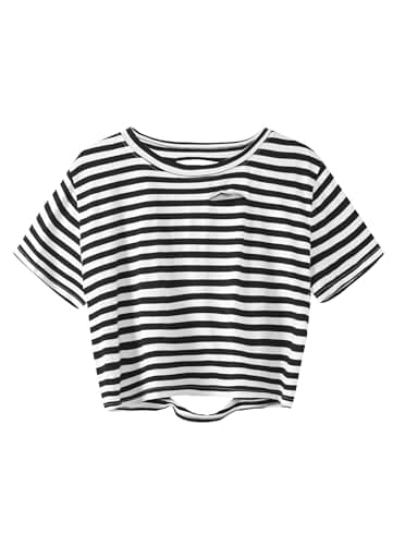 Avanova Women Striped Short Sleeve Crop Top Oversized Distressed Ripped Tee Shirt Black Striped Small - Image 1
