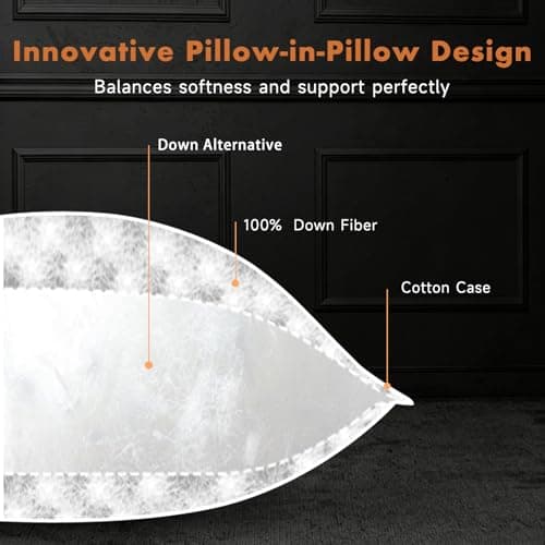 Baigee Goose Down Pillow Standard Size, Luxury Hotel Collection Bed Pillow for Sleeping,3-Chamber Design,Downproof,100% Cotton Shell (White, 19"x26") - Thumbnail 5
