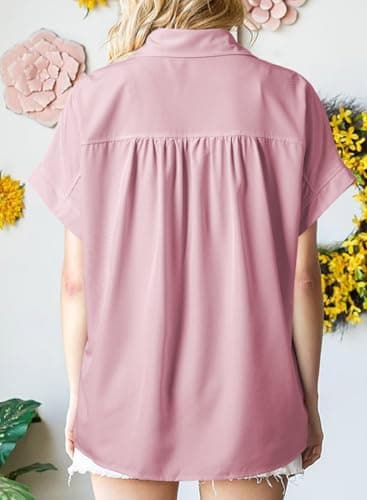 Dokotoo Plus Size Tops for Women Dressy Casual Chiffon Blouse Short Sleeve Shirts for Women Collared V Neck Work Office Button Down Shirt Solid Color Loose Fit T-Shirts Pink Polo Shirts XX-Large - Thumbnail 2