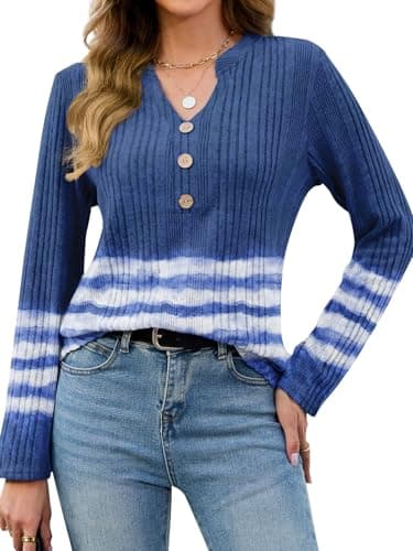 VUTRU Womens Henley Shirt Fall Sweater Long Sleeve Knit Top Loose Casual Tunic Blouse Fall Style, Dark Blue Stripe XL - Image 1