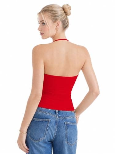 Women Halter Tank Tops Backless Sexy Summer Going Out Y2K Tops Sleeveless Double Line Camisole Crop Top Shirts(Red,Medium) - Thumbnail 4