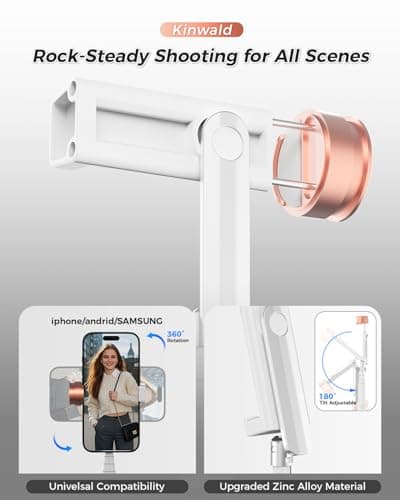Kinwald Selfie Stick Tripod for iPhone & Android – Portable Phone Tripod Stand with Bluetooth Remote, One-Click Open, Compact & Lightweight for Vlogging, Travel & Everyday Use(White) - Thumbnail 3
