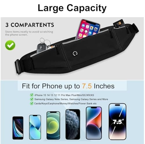 Slim Running Belt Fanny Pack for Men Women, Adjustable Running Phone Holder with 3 Pockets, Reflective Fitness Fanny Pack for Phones up to 7.2 inch, Water Resistant Sports Waist Bag, Black - Thumbnail 6