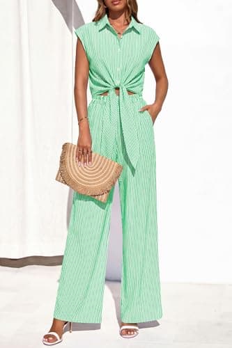 PRETTYGARDEN 2 Piece Sets For Women Summer Striped Button Down Tie Front Crop Tops Wide Leg Pants Floral Lounge Set 2026(Striped Green,Medium) - Thumbnail 3