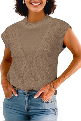 Arach&Cloz Womens Spring Sweater Vest 2025 Cap Sleeve Crew Neck Casual Tops Cable Knit Crochet Loose Fit Summer Outfits Brown S - Image 1