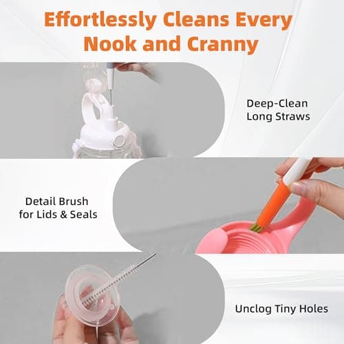PROOCI Straw Cleaner Brush for Stanley, 2-Pack Multi 3 in 1 Extra Long Straw Cleaning Brush Set for Reusable Straws, Tumblers, Lids, Sippy Cups, Water Bottle, Nipples & Fine Gaps - Orange & Gray - Thumbnail 6