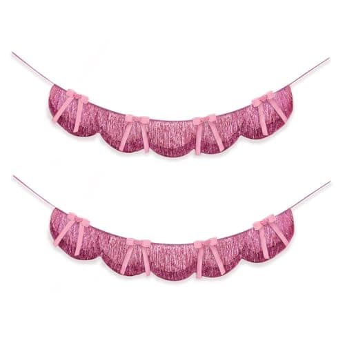 2PCS Pink Fringe Garland Banner - Scalloped Tinsel Garland with Bows for Barchelotte Party Decorations, Bridal Shower, Birthday Party Banner Backdrop - Image 1