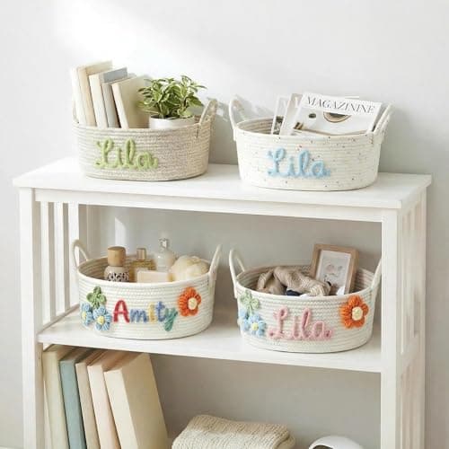 KEQHAULI Personalized Basket with Name – Custom Cotton Rope Storage Bin for Home Organizer, Nursery, Keepsake or Diaper Caddy – Great Gift for Mom, Grandma or New Parents - Thumbnail 4