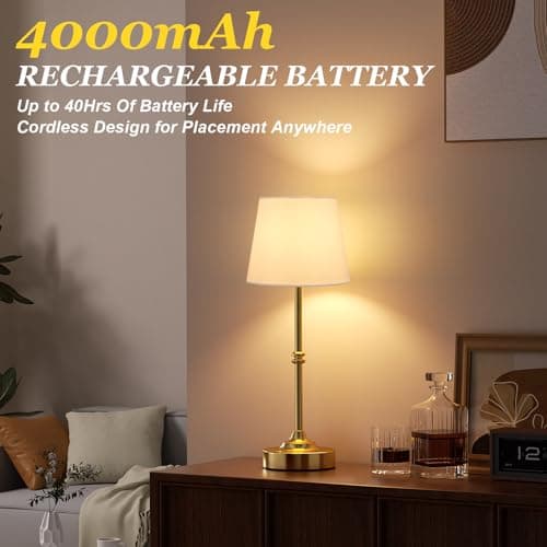 Kakanuo Rechargeable Cordless Table Lamp Gold - 1 Pack Brass 4000mAh Battery Operated Lamp, 3000K Warm Light, Touch Control Stepless Dimming, for Bedside, Dining Table, Home Decor - Thumbnail 3