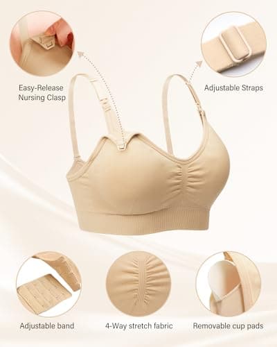 Stelle Nursing Bras Maternity Bra for Breastfeeding Pregnancy Wireless Bralette with Pads, Extenders（Beige,L） - Thumbnail 3