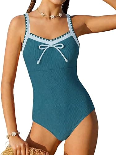 AMAWMW Girls Swimsuits Quick Dry One Piece Bathing Suit Adjustable Straps Padded Swimwear Size 7-16y, Blue, 13-14 Years - Image 1