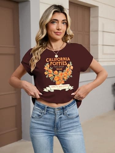 TAKEYAL Womens Graphic Tees T-Shirt Boho Vintage California Poppies Casual Summer Tshirt X-Large A Wine Red - Thumbnail 3