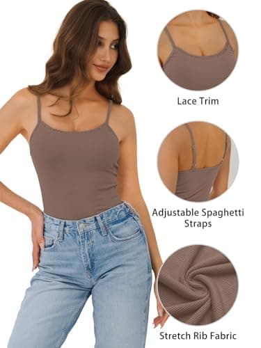 GKBK Women Lace Tank Top Y2K Slim Fit Low Cut Adjustable Spaghetti Strap Sleeveless Camisole Cute Basic Summer Going Out Tops Brown L - Thumbnail 6