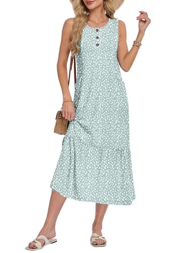 WNEEDU Women Summer Sleeveless Midi Dresses Button Front Sundress with Pockets(Green Pattern,2XL) - Image 1