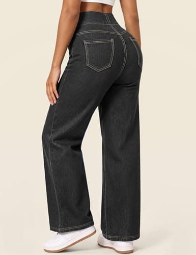 AVAMO Stretchy Jeans Wide Leg Jeans for Women Trendy Pull On High Waist Tummy Control Sweatpant Jean Denim Pants with Pockets Black - Thumbnail 4