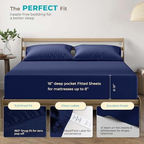 THREAD SPREAD 100% Egyptian Cotton Sheets California King Size - 800 Series Euphoria Collection Luxury Cal King Size (4 PC, Navy Blue), Soft Cooling, 16" Deep Pocket Hotel Sheets - Thumbnail 4