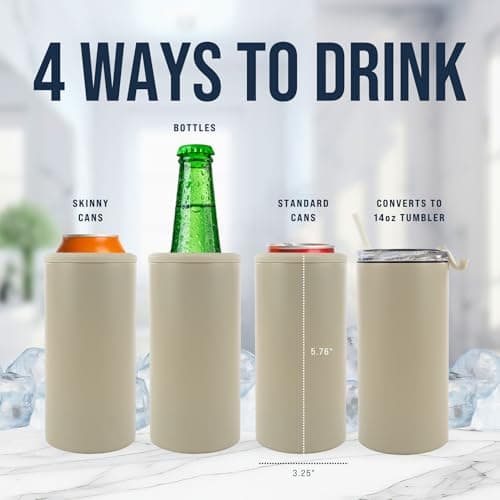 4 in 1 Universal Can Cooler - Beige, Can Holder Insulated, Beer Bottle Cooler, Universal Holder for All Drink Sizes, Stainless Steel Insulated Tumbler, Tailgating Accessories - Thumbnail 2