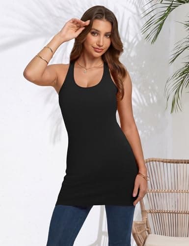 Missclub 3 Pack Womens Tank with Shelf Bra Racerback Ribbed Scoop Neck Long Shelf Bra Black Tunic Tank Tops L - Thumbnail 2