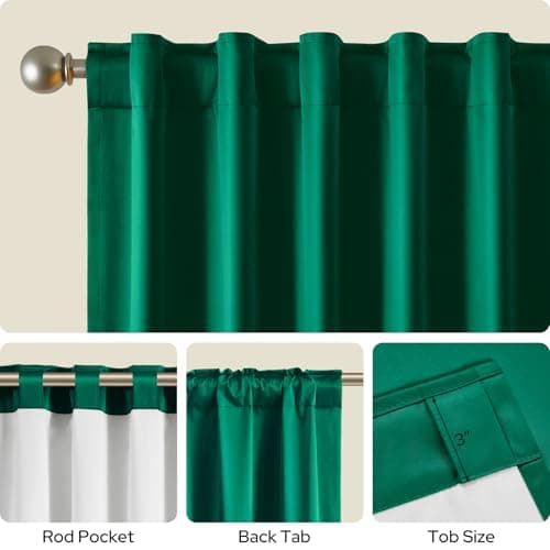HOMEIDEAS 100% Blackout Faux Silk Hunter Dark Green Curtains 84''L 2 Panels - Thumbnail 6