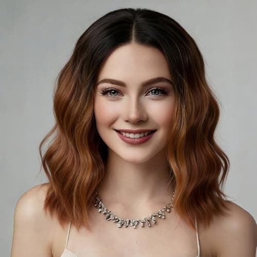 Uioxvn Synthetic Short Wavy Wig Bob Style Lace Hairline Shoulder Length Glueless Beginners Friendly Middle Part Heat Resistant Fiber Wigs Rooted Dark Brown Highlight Mix Amber Rust Omber - 14 Inch - Image 1