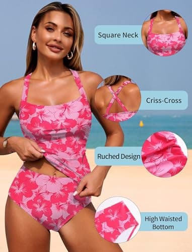 ZAFUL Women Swimwear Tankini Swimsuit Two Piece Bathing Suits Ruched Tummy Control Swimsuit Tankini Top with High Waisted Bottom Rose Red S - Thumbnail 4