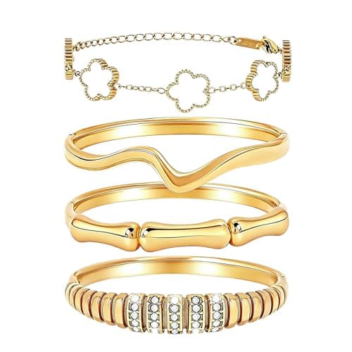 Womens Stackable Floral Gold Bracelets - 4Pcs 18K Gold Plated Bracelet,Stainless Steel Bangle Bracelets Non Tarnish,Gold Bracelet Set Fashion Jewelry,Valentines Birthday Christmas Jewelry Gifts - Image 1