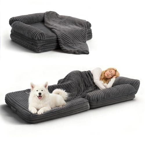 OtterOasis Foldable Human Dog Bed for Adult, Fluffy Faux Angora Human Sized Pet Bed with Blanket, Orthopedic Dog Bed with Egg Foam and Water Repellent Liner (Dark Grey (Foldable), 79" Length)