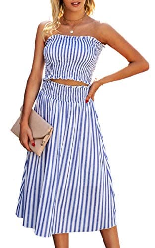 Angashion Women's Floral Crop Top Maxi Skirts Set 2 Piece Outfit Dress 2133 Blue Striped M - Image 1