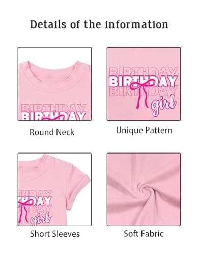 IsPICK Birthday Shirt Girl Birthday Girl Letter Print T-Shirt 4-12 Year Toddler Kids Bow 4th 5th Short Sleeve Tees Pink - Thumbnail 4
