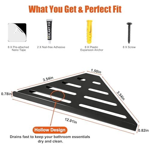 Fikoksol Shower Caddy, 2 Pack Bathroom Corner Shelf, Triangle Shelf Storage for Bathroom Shower, Black Metal Shower Shelf & Rustproof Wall Mounted Adheisve Shower Organizer Accessories and Essentials - Thumbnail 2