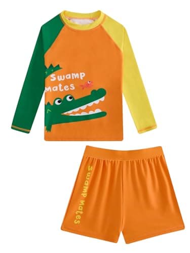 Boys Rash Guard Swimsuits 2 Piece Swim Set Long Sleeve Bathing Suit with Swim Trunks Crocodile Orange 9-10 Years - Image 1