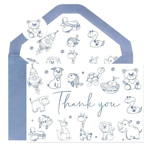 Oaken Leaford 48-Pack Baby Shower Thank You Card Set with Envelopes & Stickers, Cute Blue Cartoon Design Blank Note Cards for Newborn Celebrations