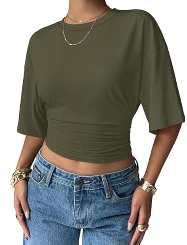 Sampeel Summer Tops for Women 2026 Trendy Short Batwing Sleeve Oversized Tshirts Shirts Basic Tees Plain T Shirts Cute Going Out Crop Women's Tops Tees and Blouses Vacation Slim Fit Army Green S - Image 1