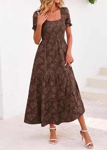 Lazysmile Women's Summer Boho Floral Maxi Dress Short Sleeve Square Neck Smocked Ruffle Elegant Wedding Guest Dress Brown - Thumbnail 6