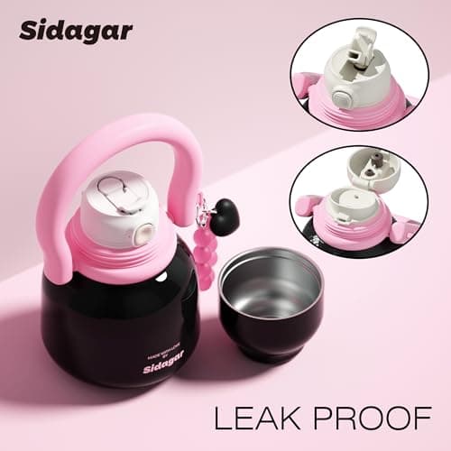 Sidagar 22 oz Water Bottle with Straw and Bowl, Unique Insulated Stainless Steel Tumbler, Spill-proof Reusable BPA-Free Cup, Pilates Wellness Study Travel, with Bonus Strap - Chocolate Black - Thumbnail 3