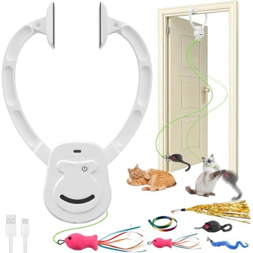 Automatic Cat Toy for Indoor Cats, Interactive Door Hanging Cat Toy with Smart Touch Restart, USB Rechargeable Cat Teaser with Elastic Rope, Adjustable Height Cat Toy for Kittens & Adult Cats (White) - Image 1