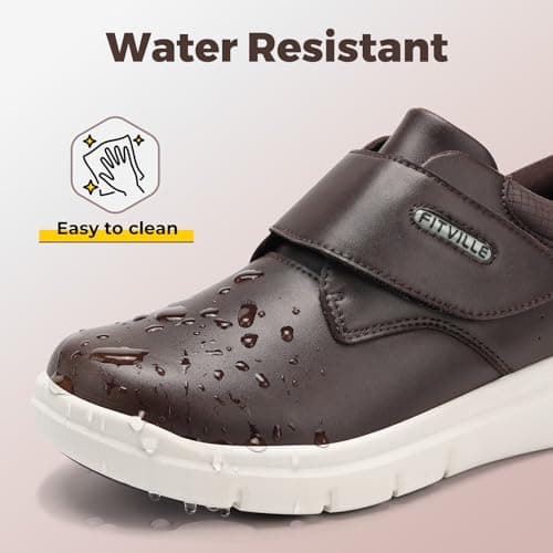 FitVille Diabetic Shoes for Men Extra Wide Comfortable Leather Walking Shoes Hook & Loop Orthopedic Dress Sneakers for Edema and Swollen Feet (Wide 9, Dark Brown) - Thumbnail 6