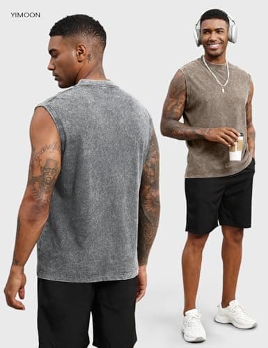Yimoon Sleeveless Shirts for Men Workout Tank Tops Cotton Acid Wash Muscle Shirts Baggy Gym Tees(BlackGreyBeigeKhaki-XL) - Thumbnail 2