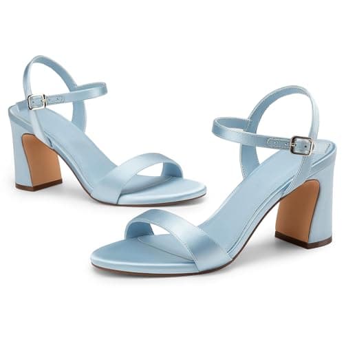 XMWEALTHY Women's Blue High Heels Chunky Block Heeled Sandals Open Toe Ankle Strap Summer Dress 3-Inch Wedding Heels for Graduation Prom Size 10 - Thumbnail 5