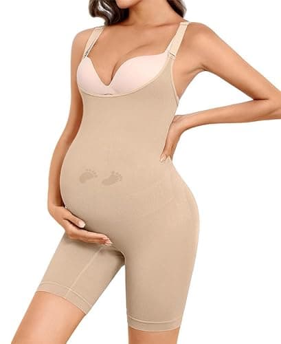 Y25D Women's Maternity Bodysuit Seamless Pregnancy Shapewear Shorts Under Dresses Belly Support Nude Medium - Image 1