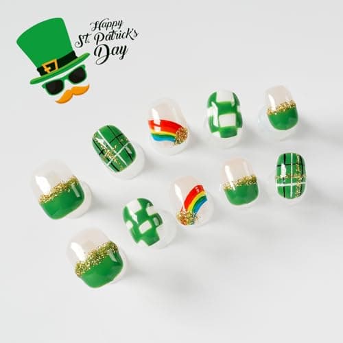 Tesytto St. Patrick’s Day Press On Nails Extra Short Round - Hand-painted Check Designs & Rainbow, Glitter Acrylic False Nails for St. Patrick Party Accessory (Green & Gold Rainbow Starlight, S) - Thumbnail 2