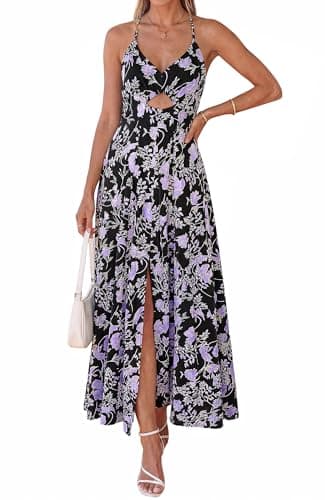 BTFBM Summer Dresses for Women 2026 Spring Floral Spaghetti Strap Smocked Cutout Maxi Dress Resort Beach Vacation Outfit(Floral Black Purple, Large) - Thumbnail 2