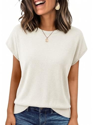 UNCLECAT Womens Short Sleeve Sweater Summer Crew Neck Lightweight Knit Pullover Tops Shirts Business Causal Outfits White - Image 1