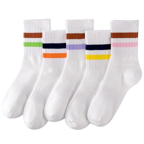 HONGTEYA Cotton Crew Socks for Women Cute Retro Striped Socks 5 Pairs with Arch Support Casual Athletic Vintage (Multicolor) - Image 1