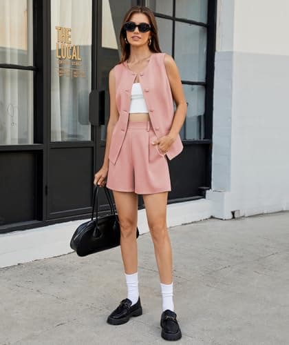 Casly Lamiit 2 Piece Outfits for Women Summer Casual Short Sets 2025 Round Neck Vest Ladies Business Suiting Work Matching Attire Pink S - Thumbnail 6