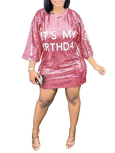 Fawjsais Women Its My Birthday Dress Sequin Shirt Dress Glitter T Shirt Dress Crew Neck Short Sleeve Party Clubwear Pink XXL - Image 1