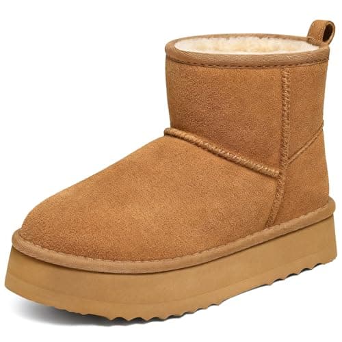 Litfun Suede Platform Mini Boots for Women Genuine Leather Fuzzy Ankle Winter Snow Boots with Fur Lined, Chestnut 39 - Thumbnail 3