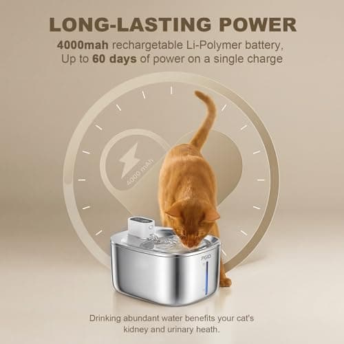PGID Wireless Cat Water Fountain Stainless Steel,4.5L Cordless Pet Fountains for Dringking,4000mah Battery Operated Cat Water Pountain,Automatic Dog Dispenser w Pet Hair Remover Gloves - Thumbnail 4