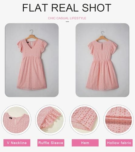Dokotoo Beach Dresses for Women V Neck Sexy Dresses 2026 Fashion Hollow-Out Vacation Dress Ruffle Short Sleeve High Waist A Line Pink Mini Dress Pink Small - Thumbnail 4