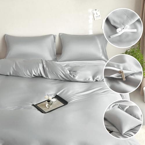 DCSKY King Size Duvet Cover Set 3-Piece - 100% Lyocell Tencel Bedding Set, Silky Smooth & Hypoallergenic, Temperature Regulating for Hot Sleepers (Grey, 104x90 Inches) - Thumbnail 5